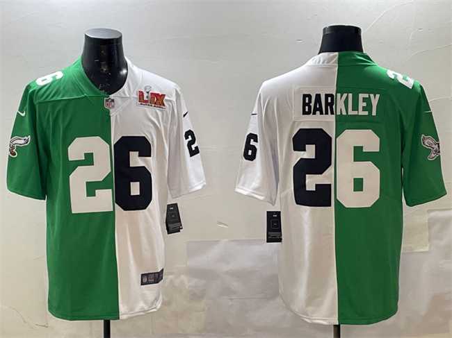 Mens Philadelphia Eagles #26 Saquon Barkley Green White Split 2025 Super Bowl LIX Patch Vapor Untouchable Limited Stitched Jersey Dzhi